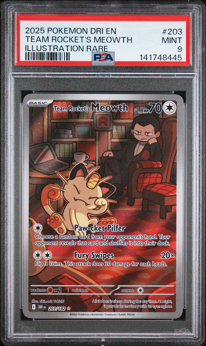Team Rocket's Meowth DRI 203/182 PSA 9, front of the slab
