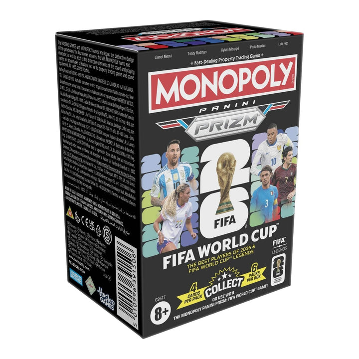 Monopoly Panini Prizm FIFA World Cup Trading Cards Booster Box, sealed box front and side