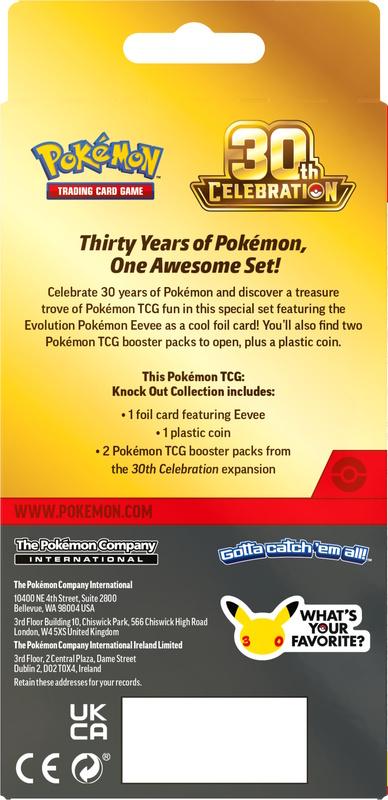 Pokemon TCG 30th Celebration Knock Out Collection - sealed case of 24 (box back/contents shown)