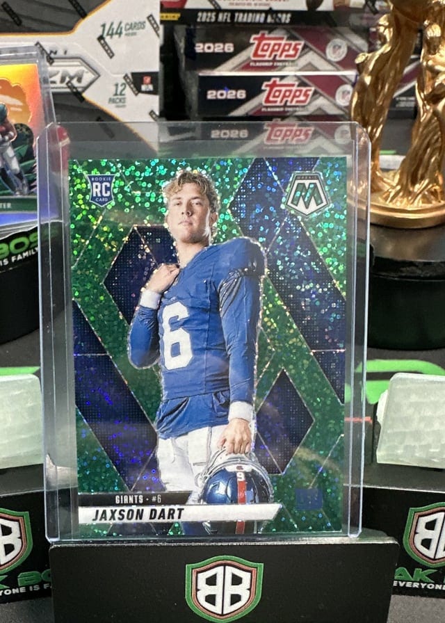 Jaxson Dart Mosaic green prizm rookie pulled live at Break Boss