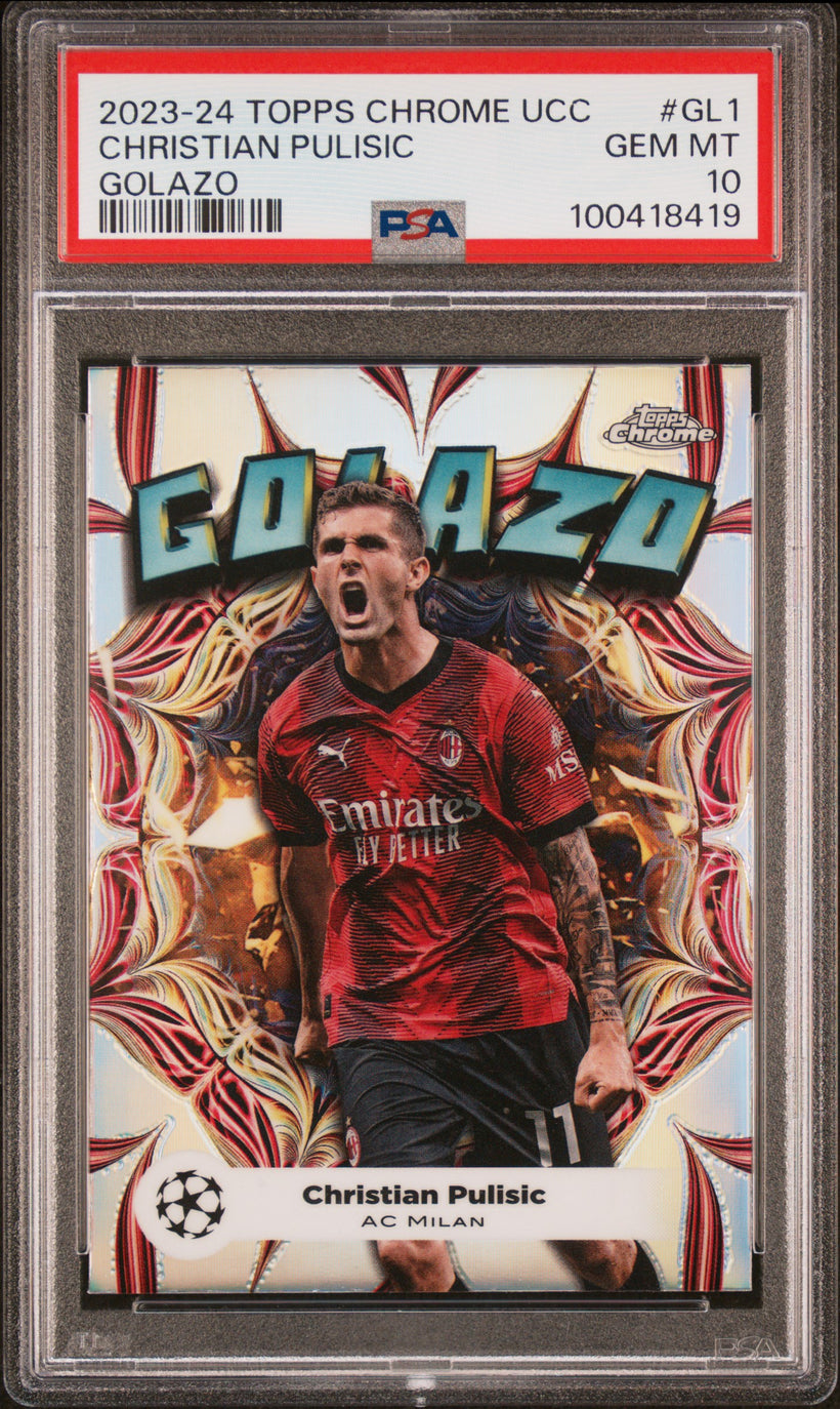 2023 Topps Chrome UCC Christian Pulisic #GL-1 Golazo Refractor PSA 10, front of the slab