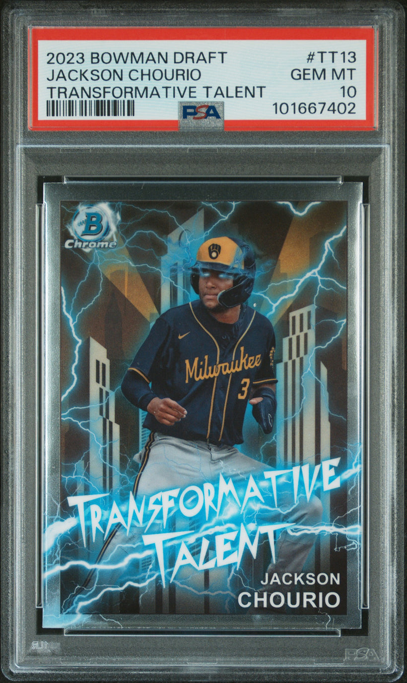 2023 Bowman Draft Transformative Talent Jackson Chourio #TT13 PSA 10 GEM MT, front of the slab