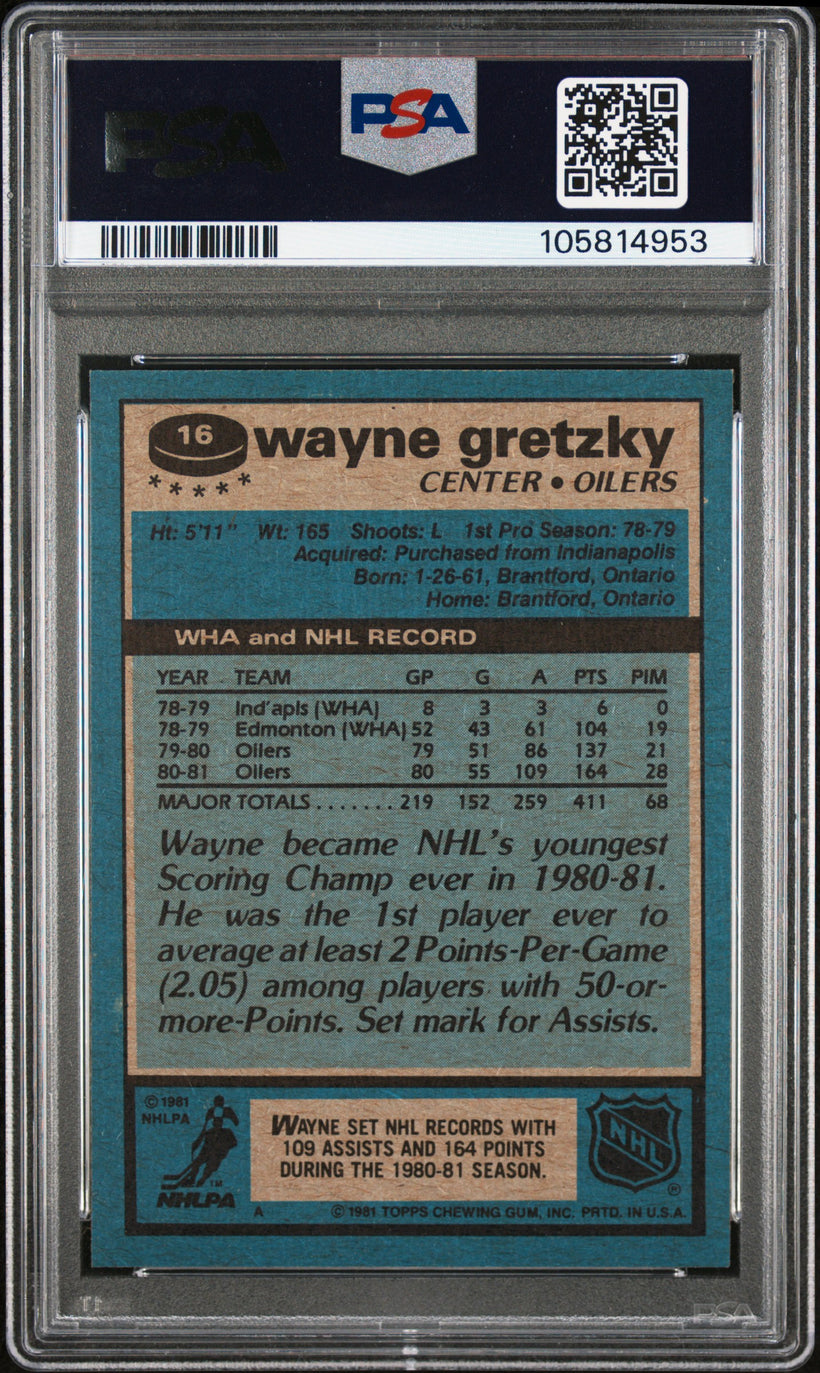 1981 Topps Wayne Gretzky #16 PSA 8 NM-MT, back of the slab