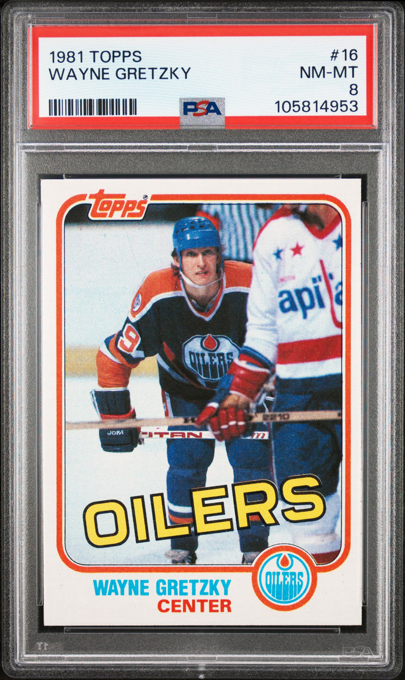 1981 Topps Wayne Gretzky #16 PSA 8 NM-MT, front of the slab
