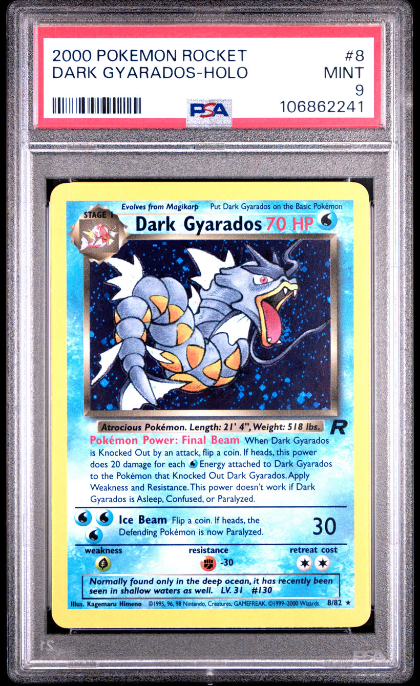 Dark Gyarados 8/82 Holo Team Rocket PSA 9, front of the slab