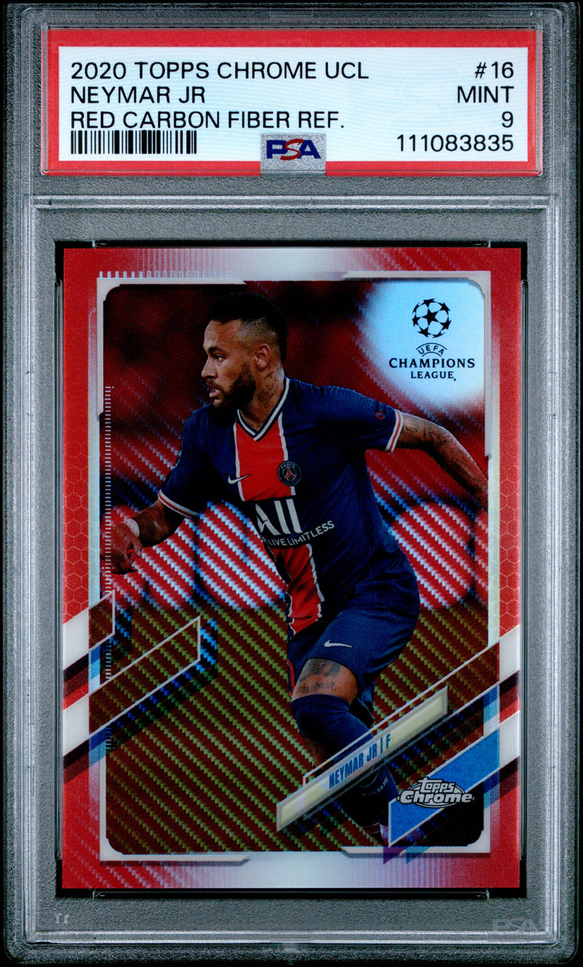 2020 Topps Chrome UCL Neymar Jr Red Carbon Fiber Refractor PSA 9, front of the slab