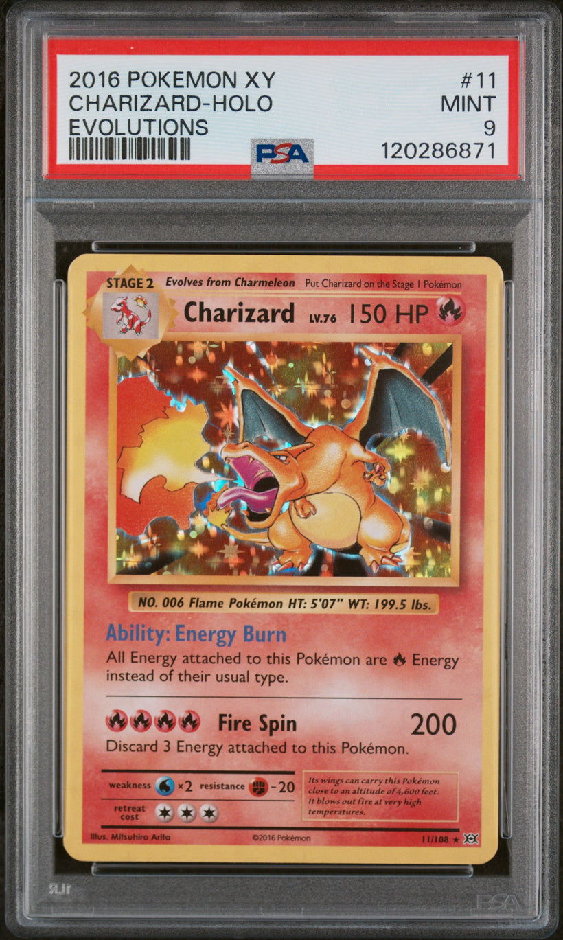 2016 Pokemon Evolutions Charizard Holo 11/108 PSA 9, front of the slab