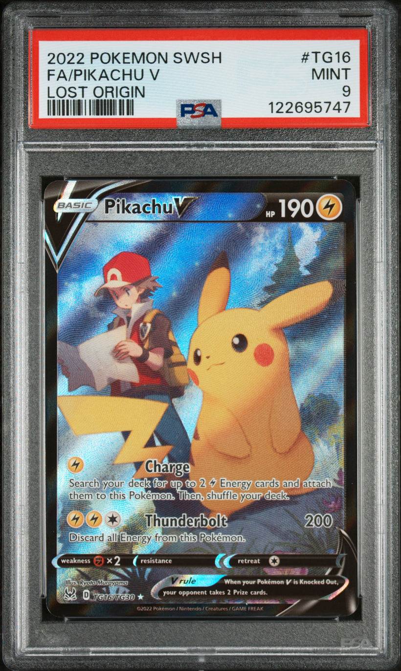 2022 Pokemon Lost Origin Pikachu V #TG16 Full Art PSA 9 MINT, front of the slab