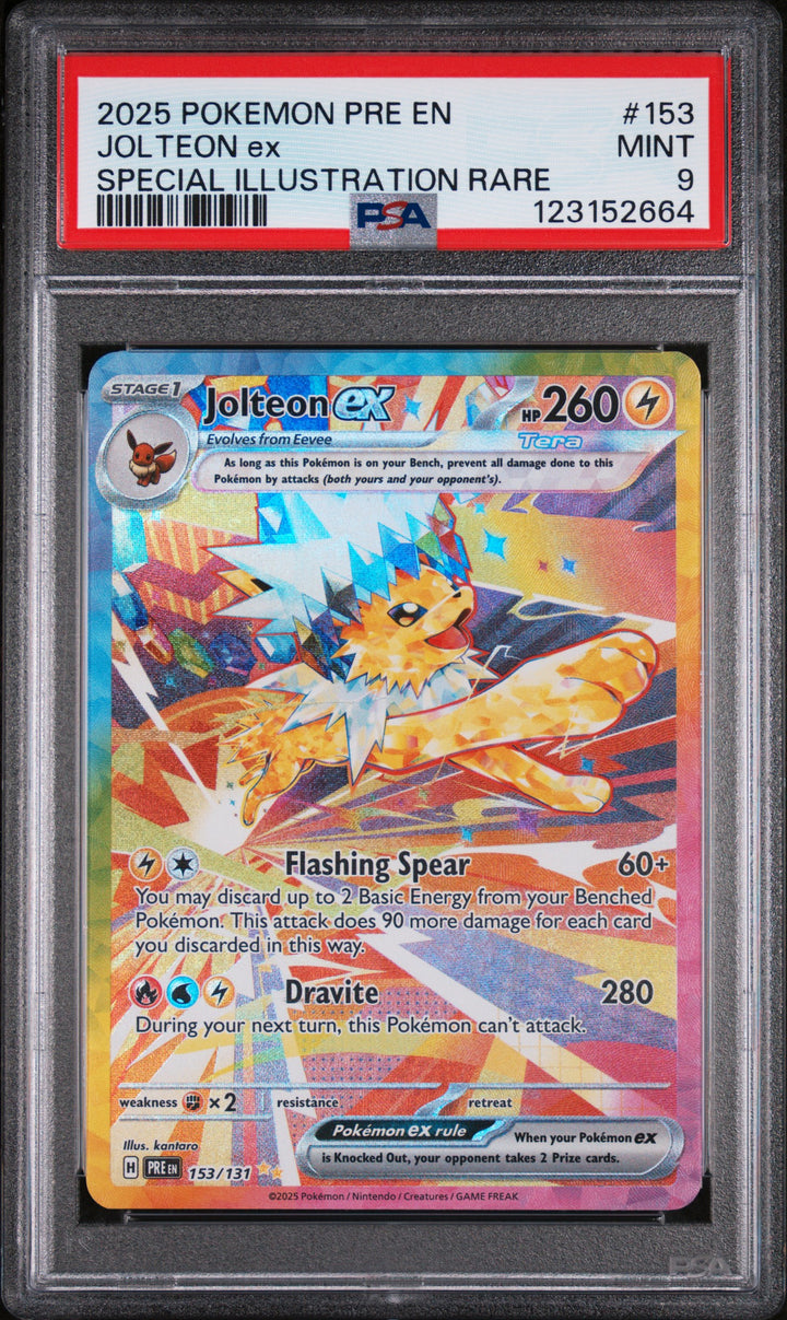 2025 Pokemon Prismatic Evolutions Jolteon ex #153 Special Illustration Rare PSA 9 MINT, front of the slab