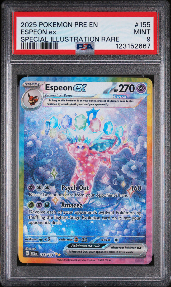 2025 Pokemon Prismatic Evolutions Espeon ex #155 Special Illustration Rare PSA 9 MINT, front of the slab