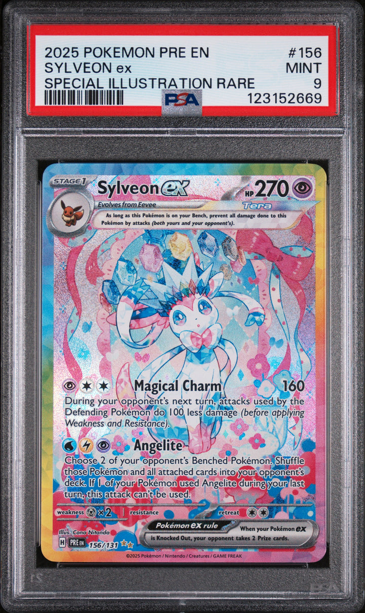 2025 Pokemon Prismatic Evolutions Sylveon ex #156 Special Illustration Rare PSA 9 MINT, front of the slab