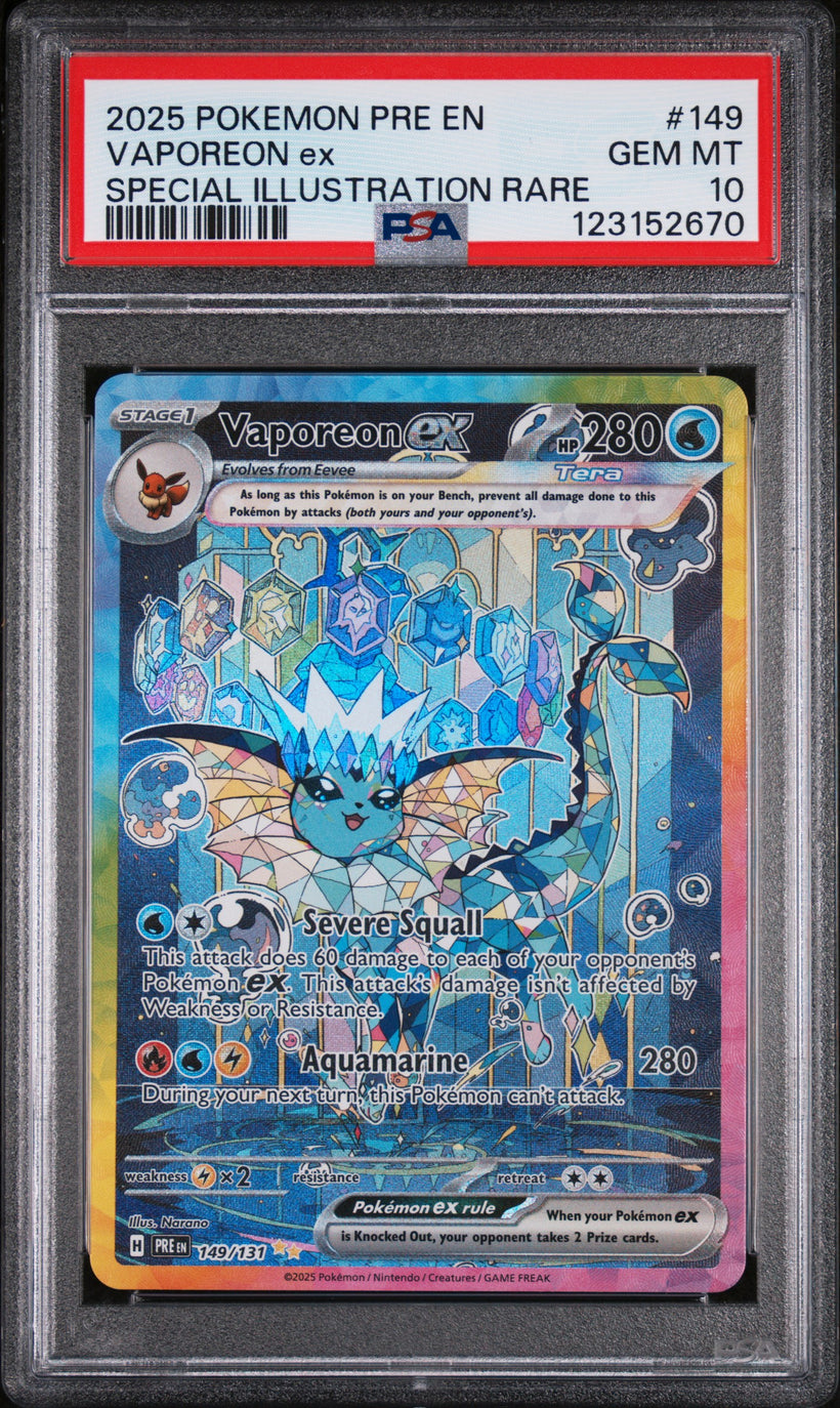 Vaporeon ex #149 PSA 10, front of the slab