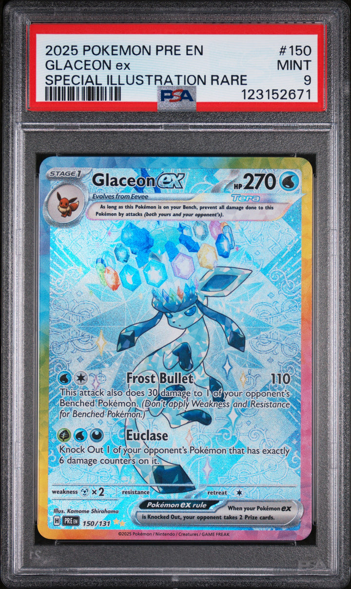 2025 Pokemon Prismatic Evolutions Glaceon ex #150 Special Illustration Rare PSA 9 MINT, front of the slab