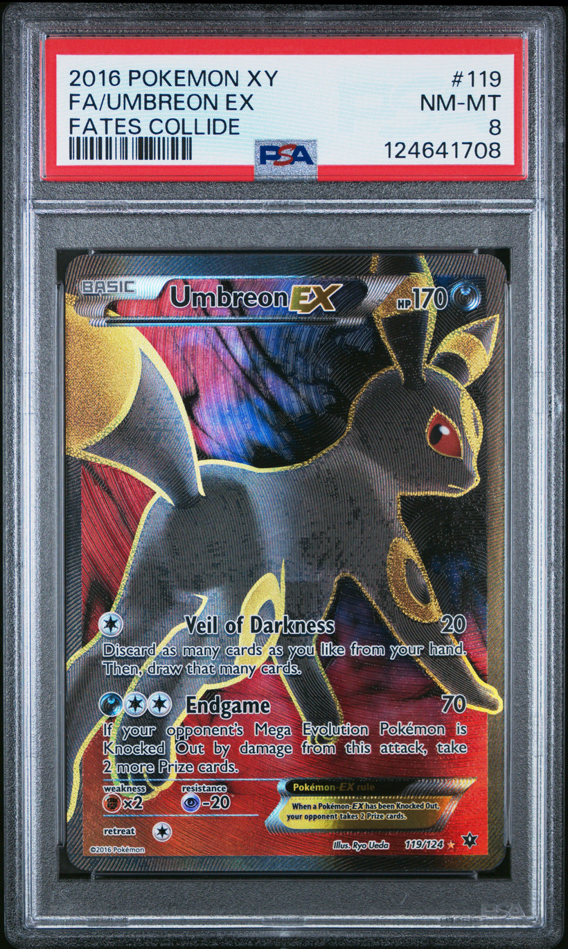 Umbreon EX 119/124 Fates Collide PSA 8, front of the slab