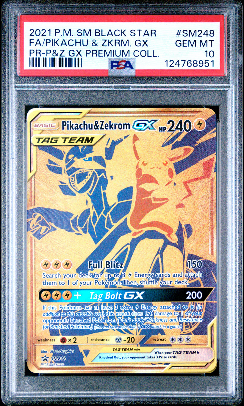 2021 Pokemon SM Black Star Promo Tag Team Pikachu & Zekrom GX #SM248 Full Art Premium Collection PSA 10 GEM MT, front of the slab
