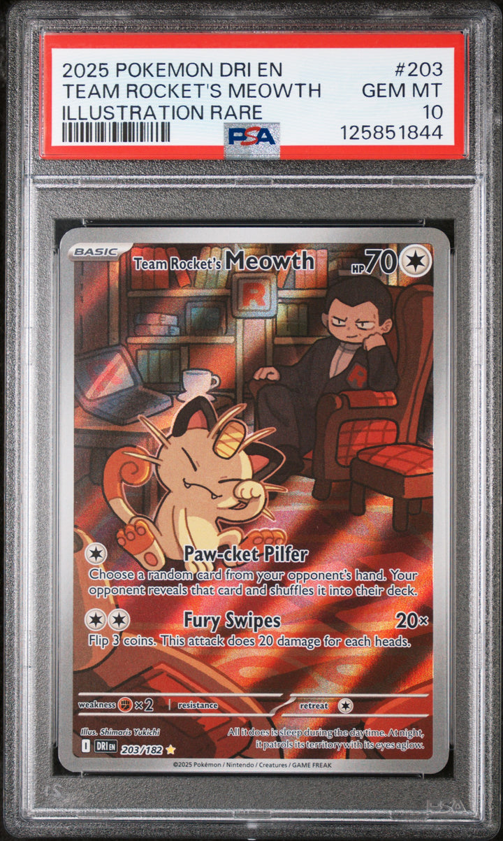 2025 Pokemon Destined Rivals Team Rocket's Meowth #203/182 Illustration Rare PSA 10 GEM MT, front of the slab