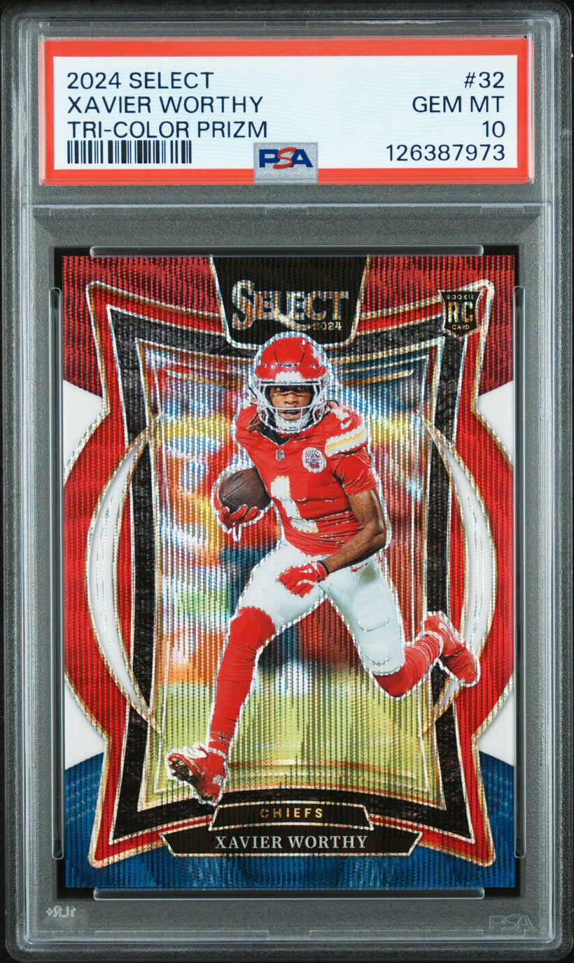2024 Panini Select Xavier Worthy #32 Tri-Color Prizm /299, front of the slab