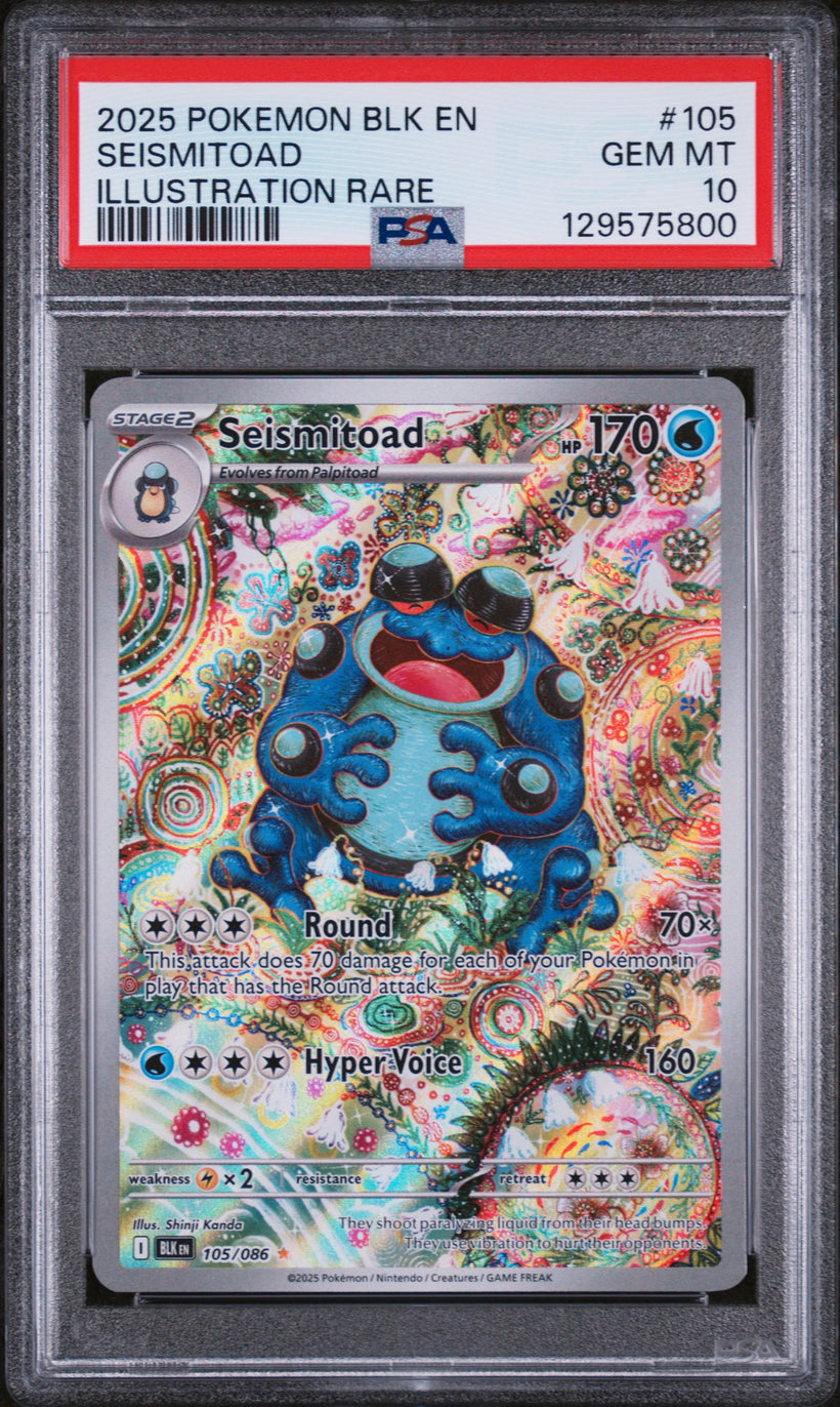 2025 Pokemon Black Bolt Seismitoad #105/086 Illustration Rare PSA 10 GEM MT, front of the slab