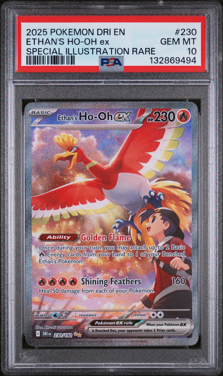 2025 Pokemon Destined Rivals Ethan's Ho-Oh ex #230 Special Illustration Rare PSA 10 GEM MT, front of the slab