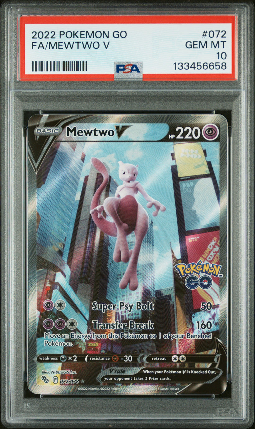 2022 Pokemon GO Mewtwo V #072/078 Full Art PSA 10 GEM MT, front of the slab