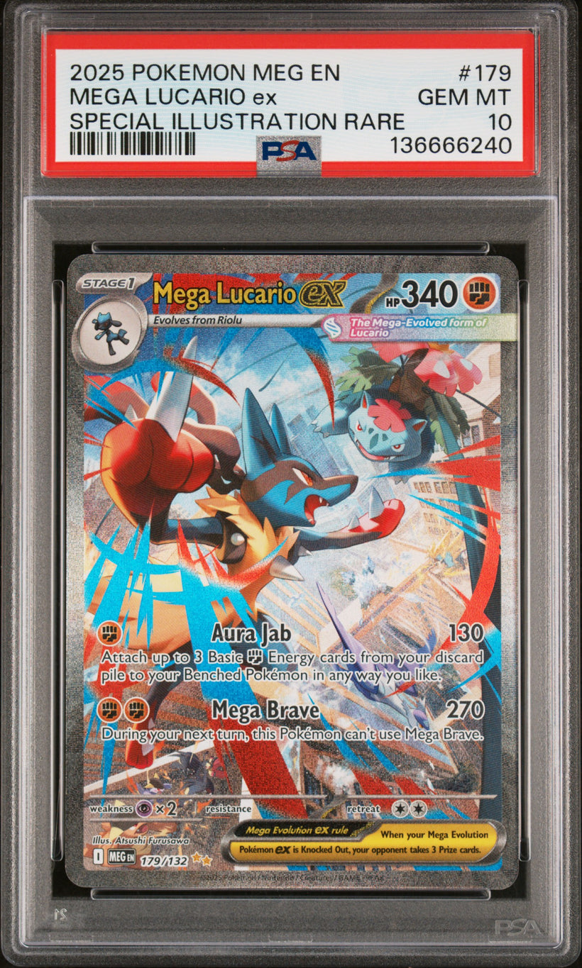 2025 Pokemon Mega Evolution Mega Lucario ex #179/132 Special Illustration Rare PSA 10 GEM MT, front of the slab