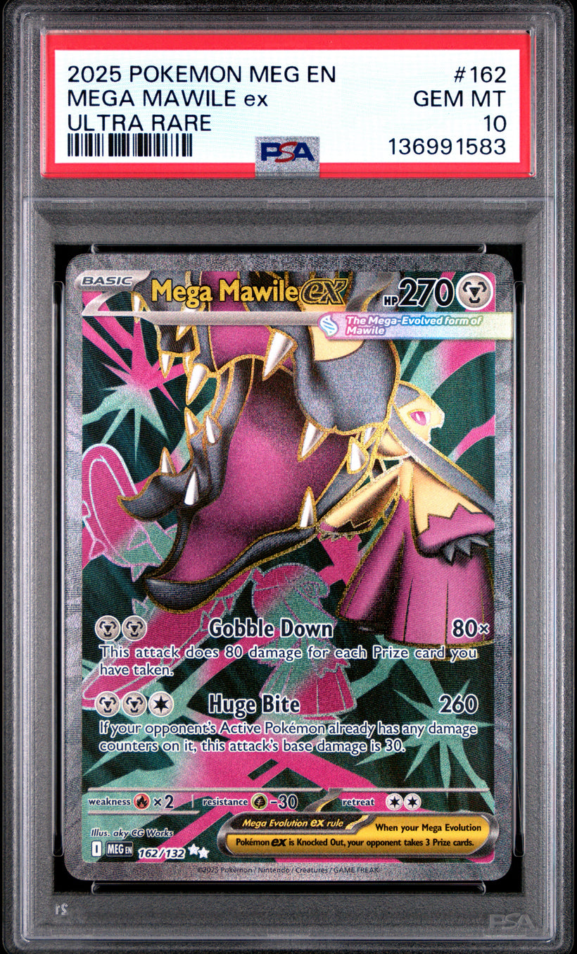 Mega Mawile ex MEG 162/132 Mega Evolution PSA 10, front of the slab