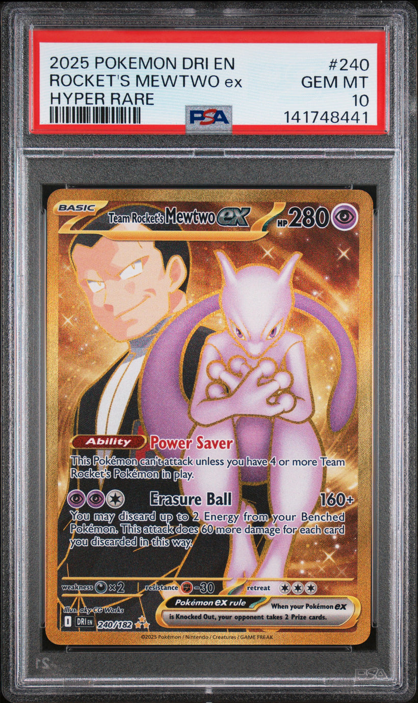 Team Rocket's Mewtwo ex DRI 240/182 PSA 10, front of the slab