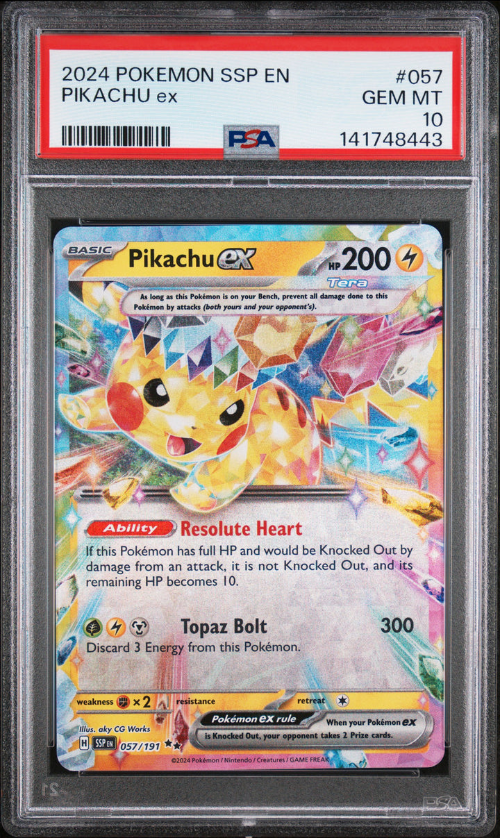 Pikachu ex SSP 057/191 PSA 10, front of the slab
