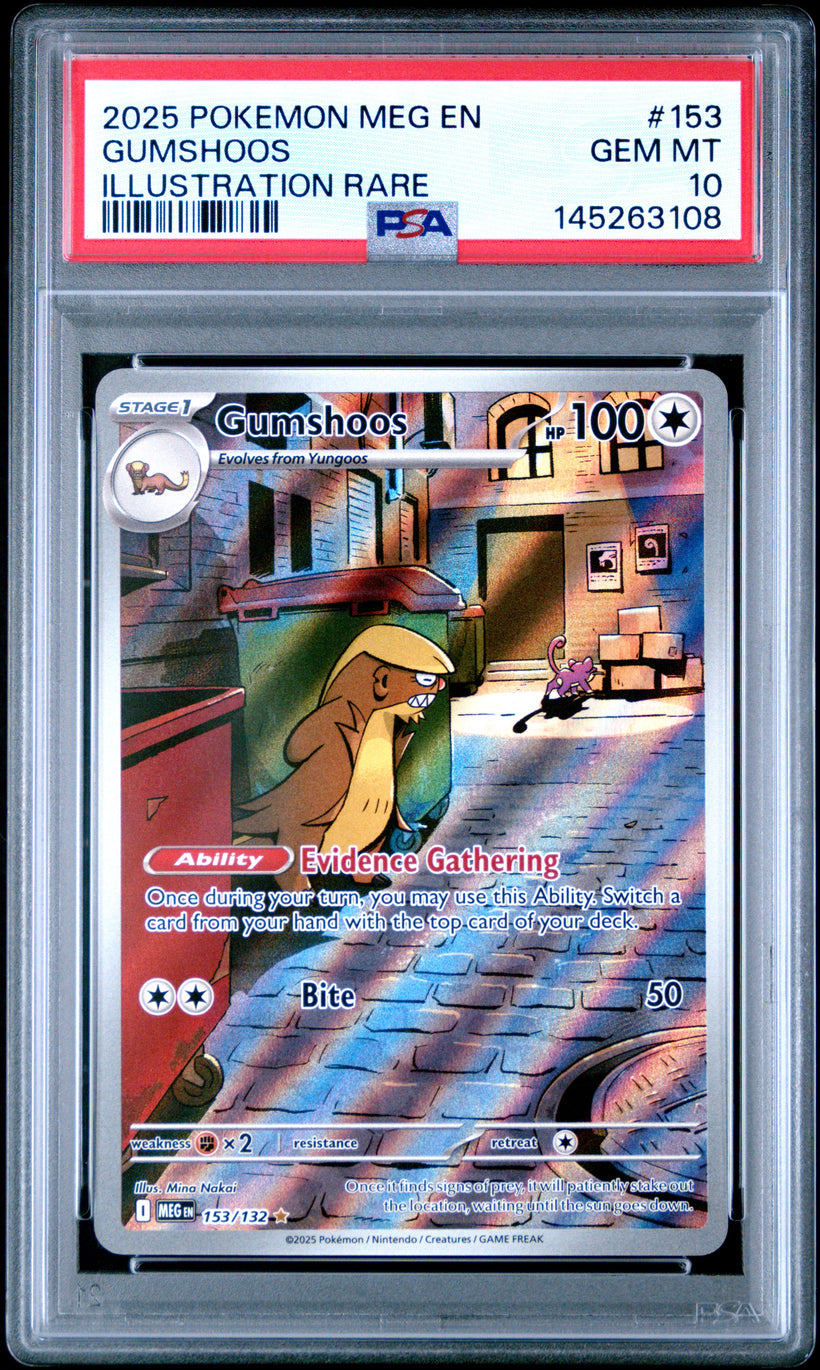 2025 Pokemon Mega Evolution Gumshoos #153/132 Illustration Rare PSA 10 GEM MT, front of the slab