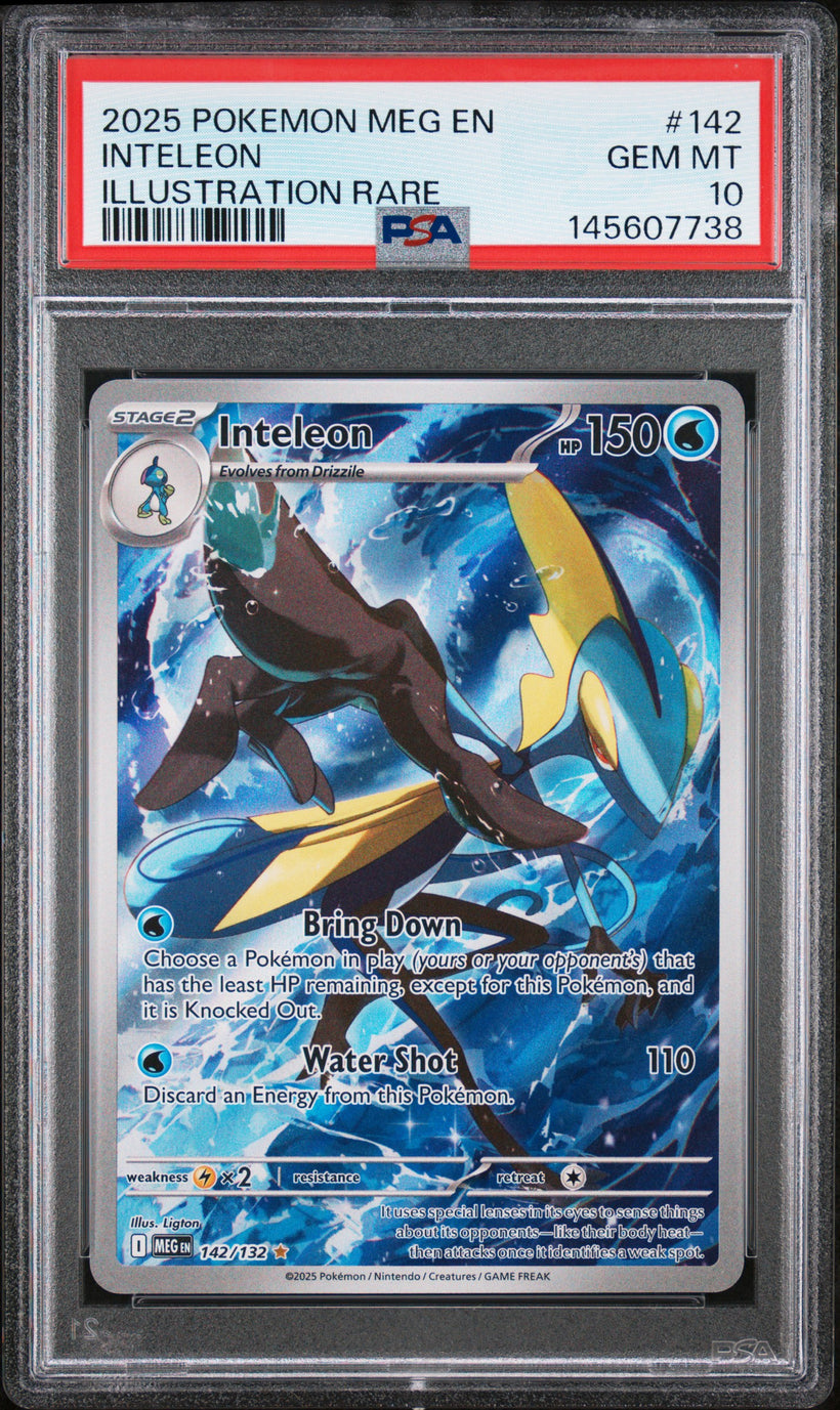 2025 Pokemon Mega Evolution Inteleon #142/132 Illustration Rare PSA 10 GEM MT, front of the slab
