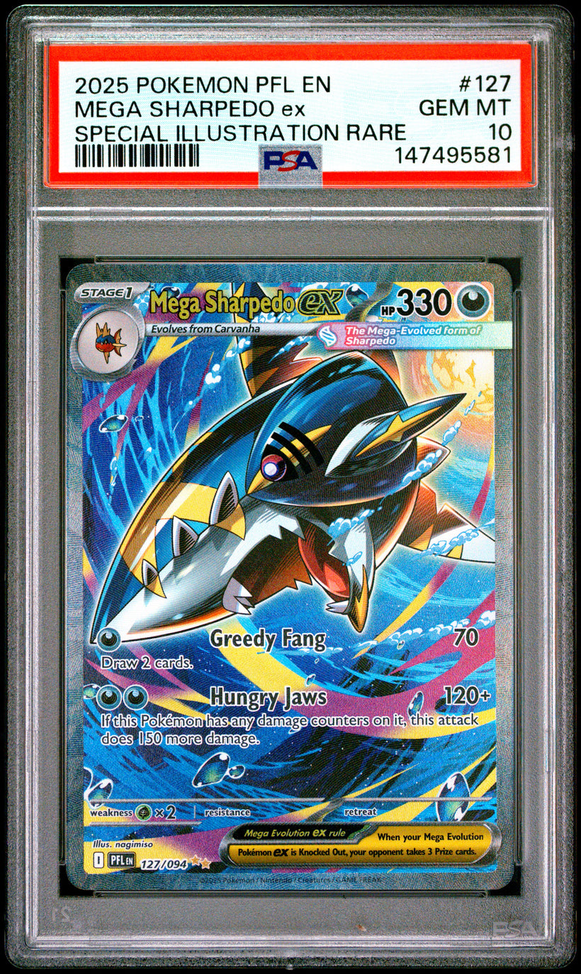 Mega Sharpedo ex PFL 127/094 Phantasmal Flames PSA 10, front of the slab