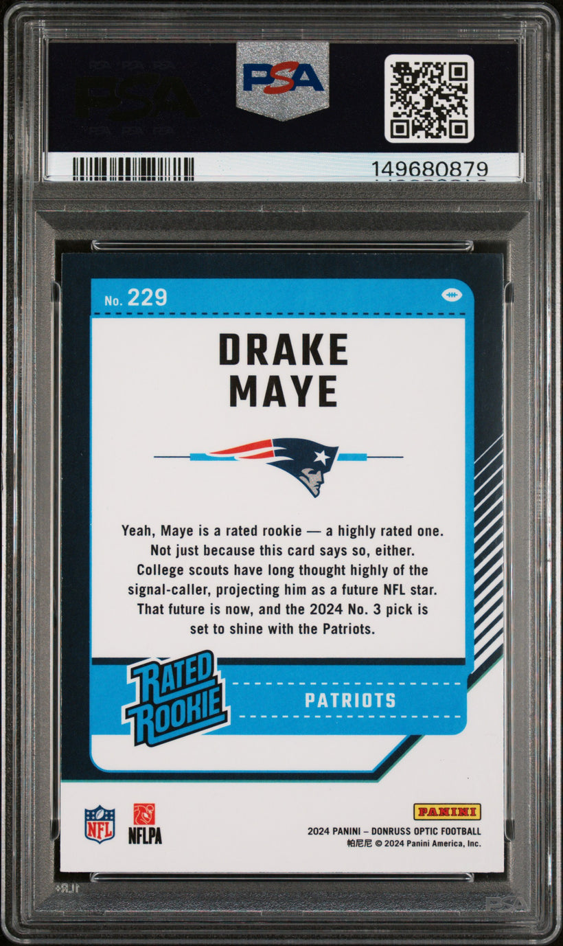 2024 Panini Donruss Optic Drake Maye #229 Rated Rookie PSA 8 NM-MT, back of the slab