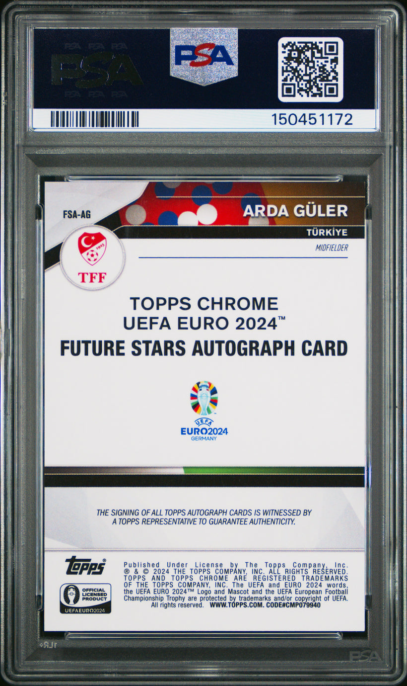 Arda Guler 2024 Topps Chrome Sapphire UEFA Future Stars Gold Auto #/50 PSA 10, back of the slab