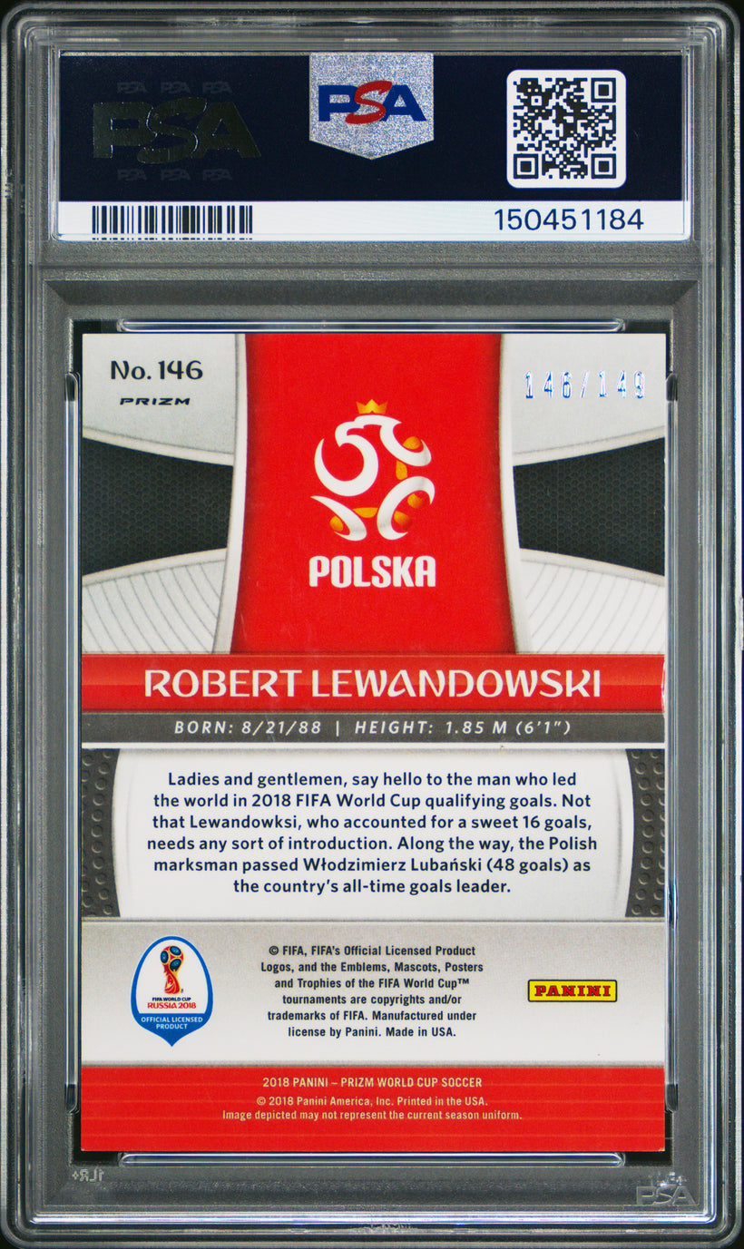 2018 Panini Prizm World Cup Robert Lewandowski #146 Red Prizm /149 PSA 9 Mint, back of the slab