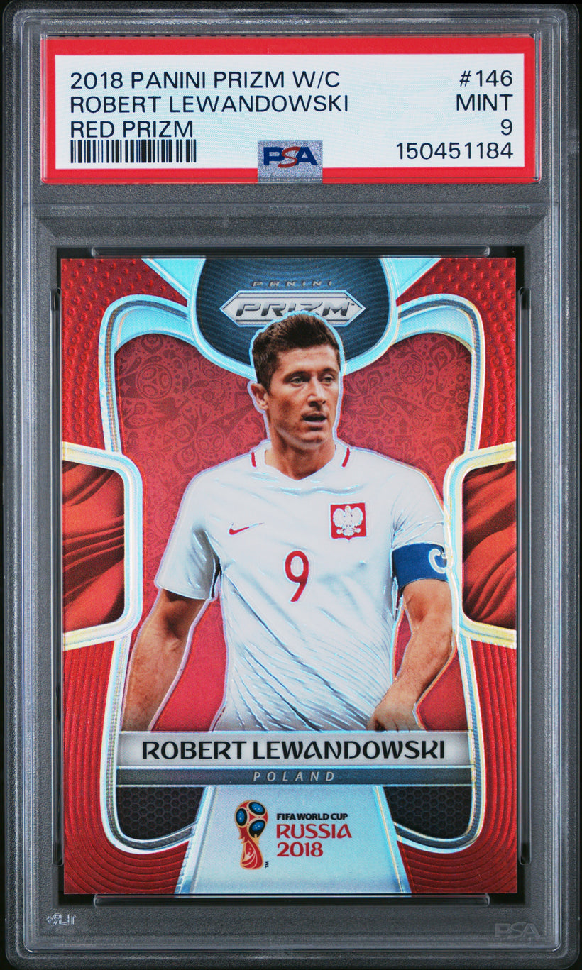 2018 Panini Prizm World Cup Robert Lewandowski #146 Red Prizm /149 PSA 9 Mint, front of the slab