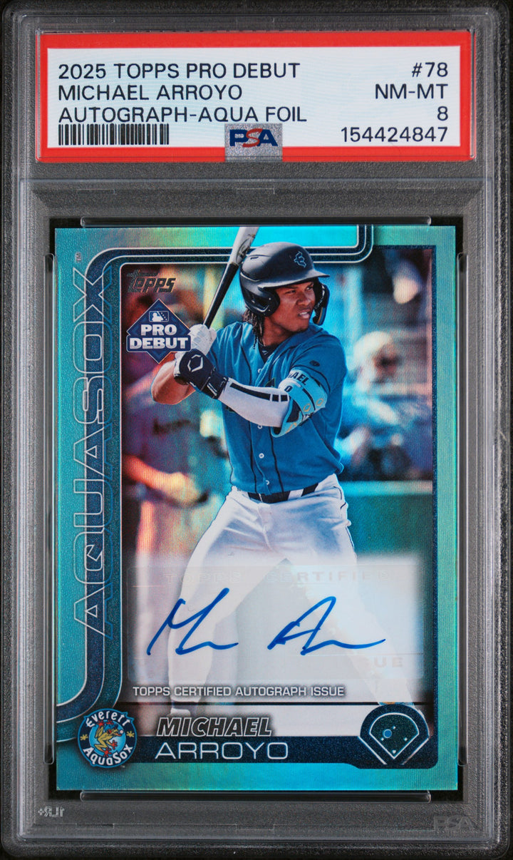 2025 Topps Pro Debut Michael Arroyo #PD-78 Aqua Foil Autographs /75 PSA 8, front of the slab