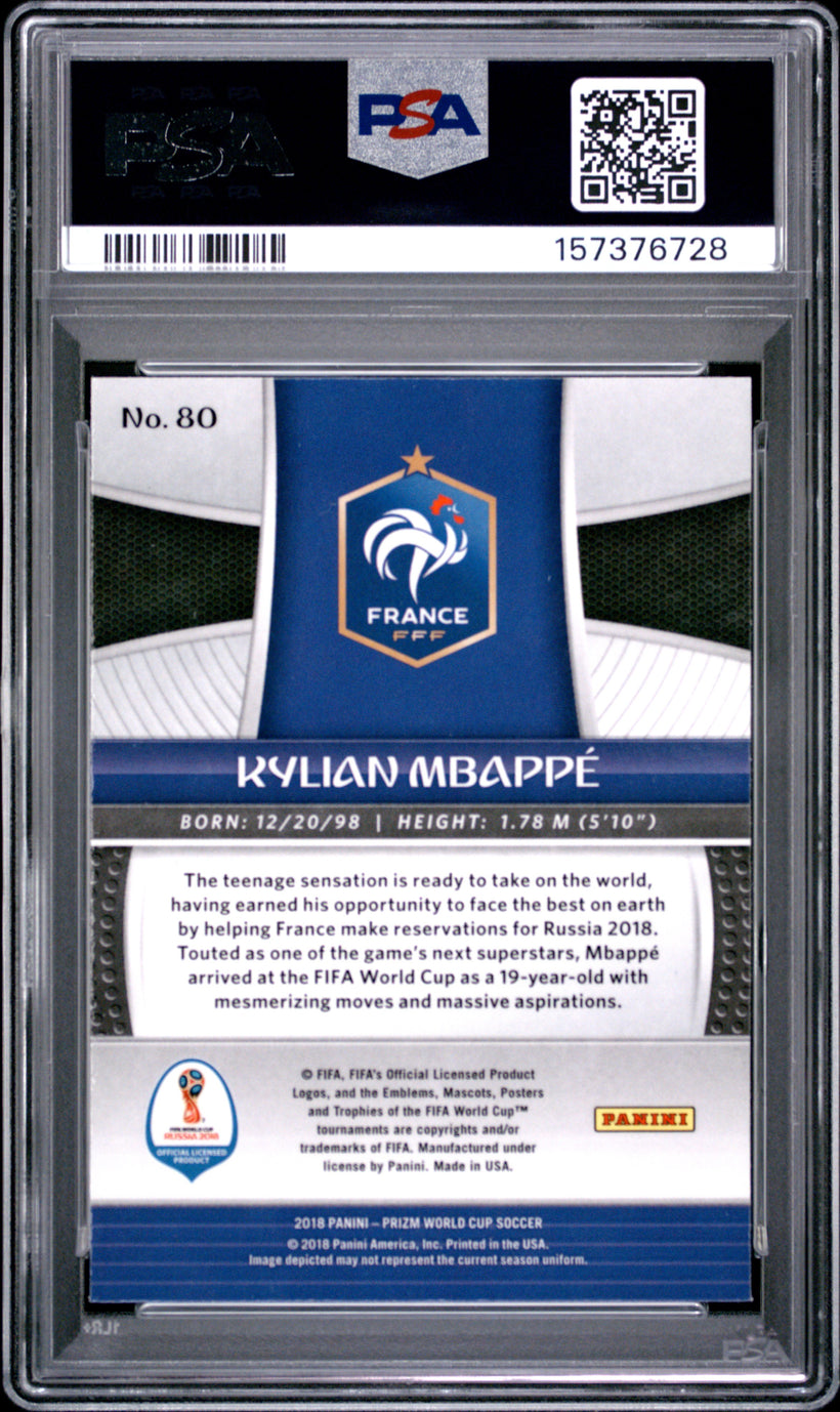 2018 Panini Prizm World Cup Kylian Mbappe #80 RC PSA 10 GEM MT, back of the slab