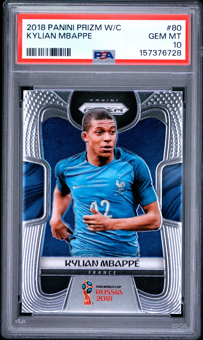 2018 Panini Prizm World Cup Kylian Mbappe #80 RC PSA 10 GEM MT, front of the slab