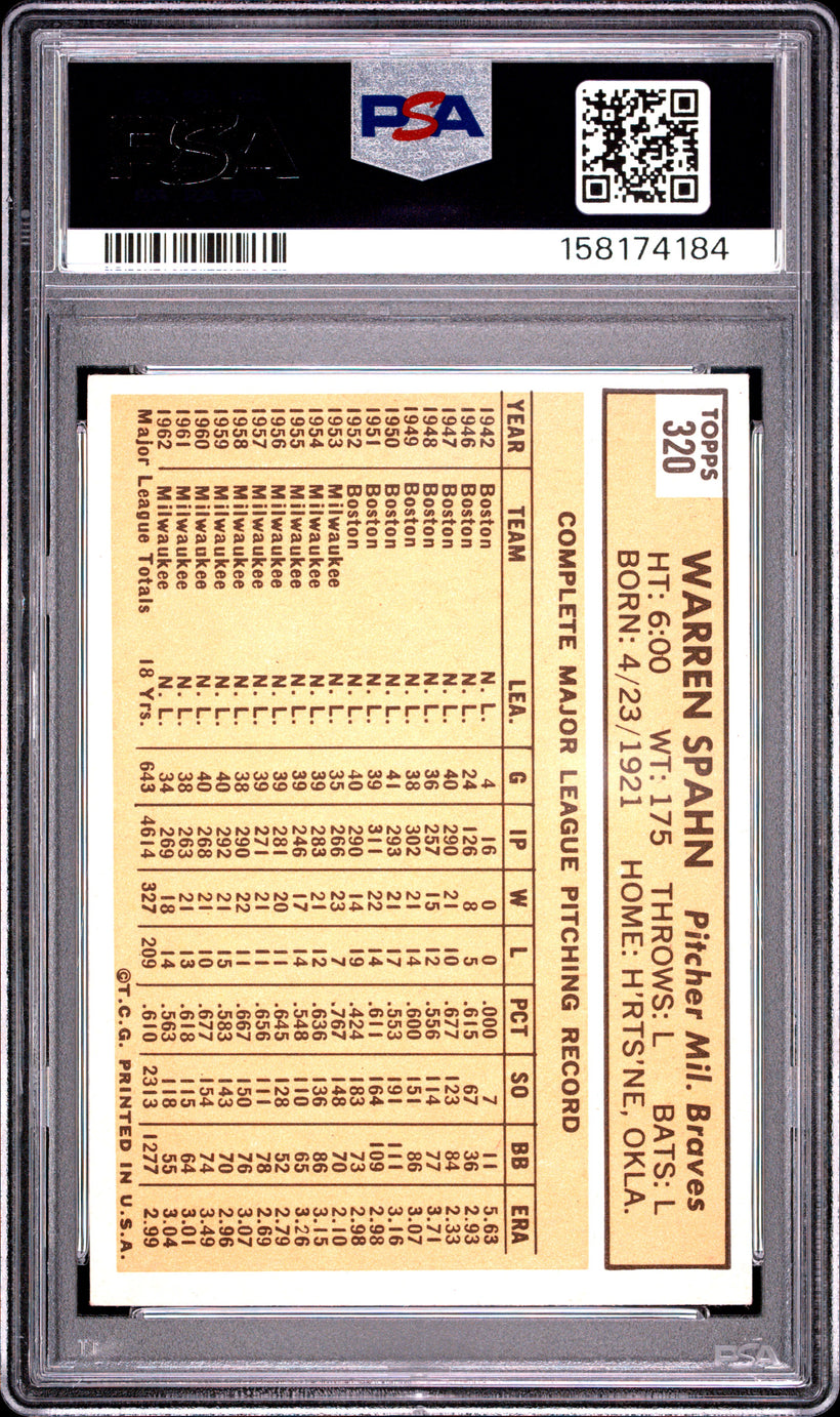 1963 Topps Warren Spahn #320 Milwaukee Braves PSA 5 EX, back of the slab