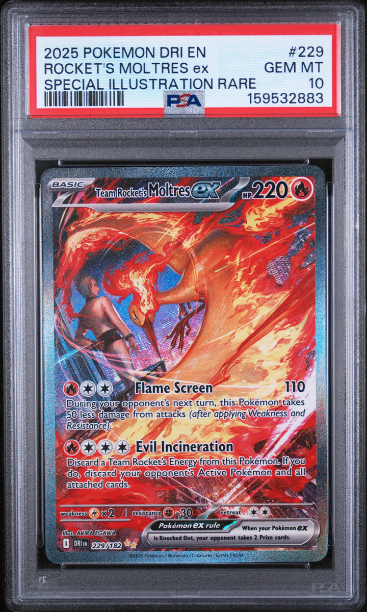 2025 Pokemon Destined Rivals Rocket's Moltres ex #229 Special Illustration Rare PSA 10 GEM MT, front of the slab