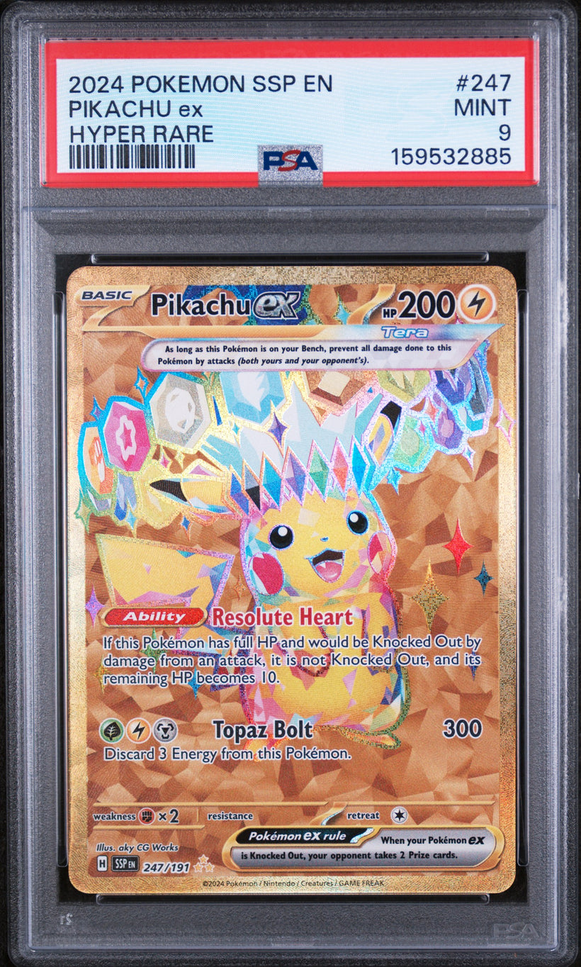 2024 Pokemon Surging Sparks Pikachu ex #247/191 Hyper Rare PSA 9 MINT, front of the slab