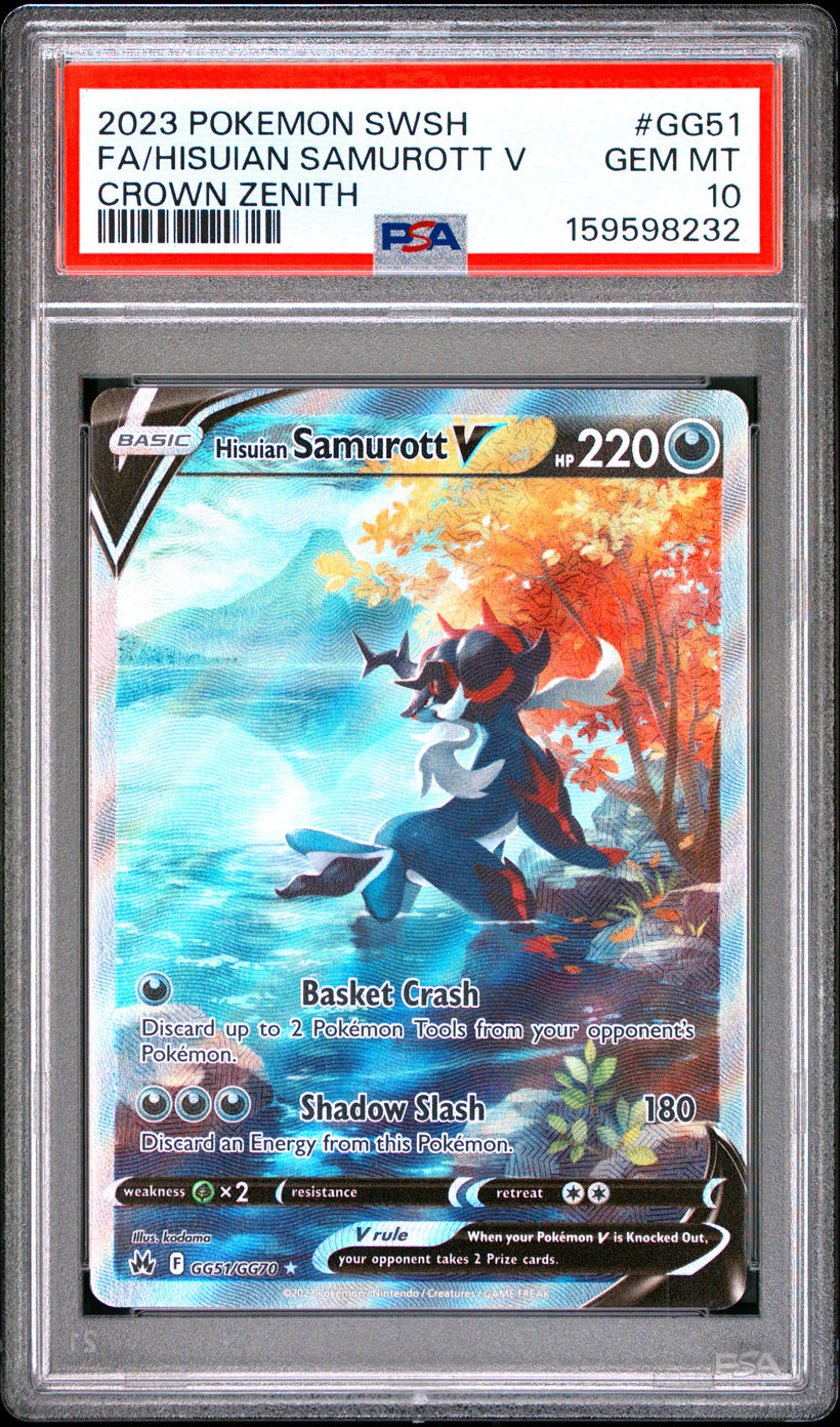 2023 Pokemon Crown Zenith Hisuian Samurott V #GG51 Full Art PSA 10 GEM MT, front of the slab