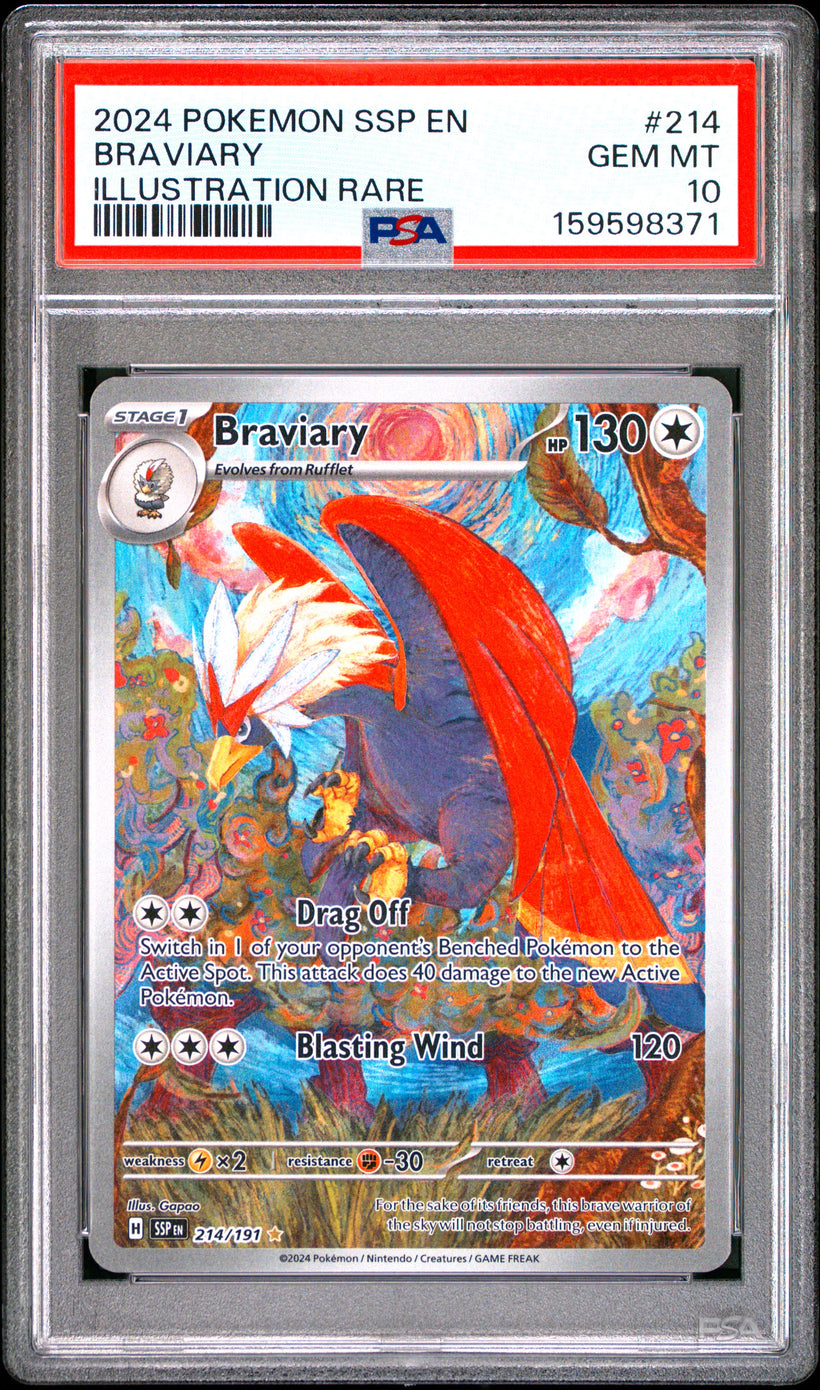 2024 Pokemon Surging Sparks Braviary #214/191 Illustration Rare PSA 10 GEM MT, front of the slab