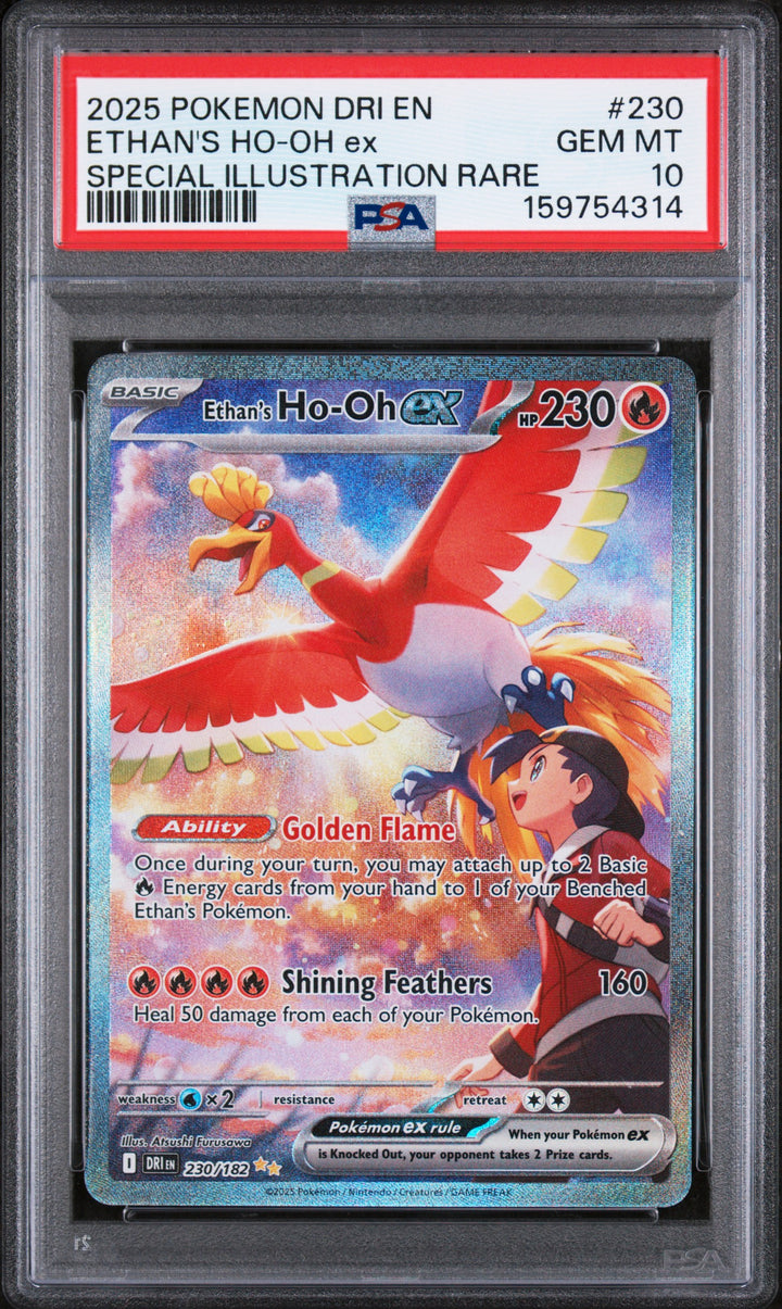2025 Pokemon Destined Rivals Ethan's Ho-Oh ex #230 Special Illustration Rare PSA 10 GEM MT, front of the slab
