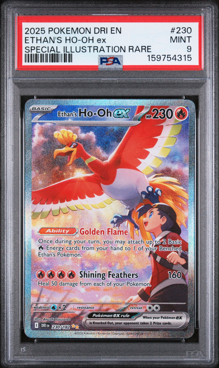 2025 Pokemon Destined Rivals Ethan's Ho-Oh ex #230 Special Illustration Rare PSA 9 MINT, front of the slab