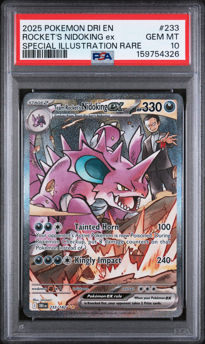 2025 Pokemon Destined Rivals Rocket's Nidoking ex #233 Special Illustration Rare PSA 10 GEM MT, front of the slab