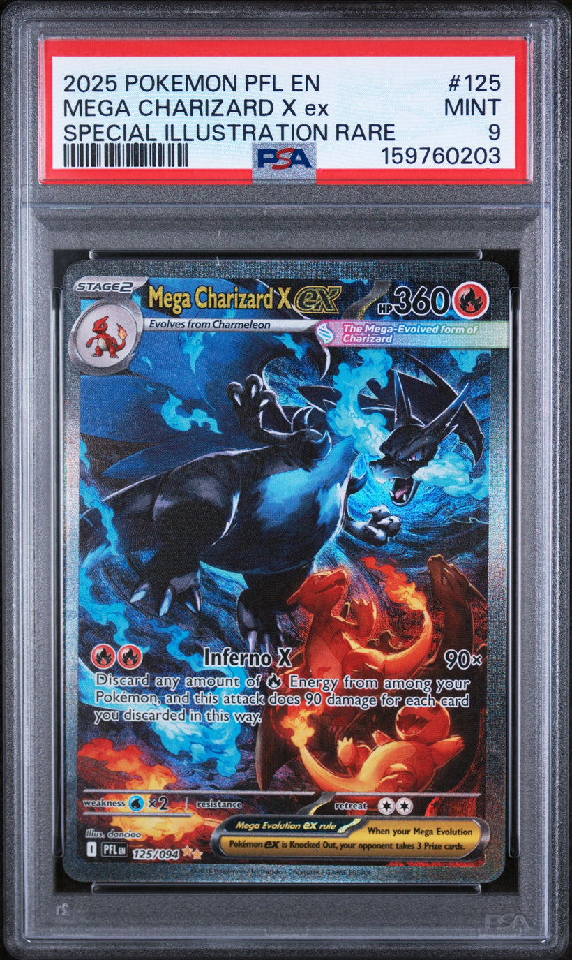 Mega Charizard X ex PFL 125/094 PSA 9, front of the slab