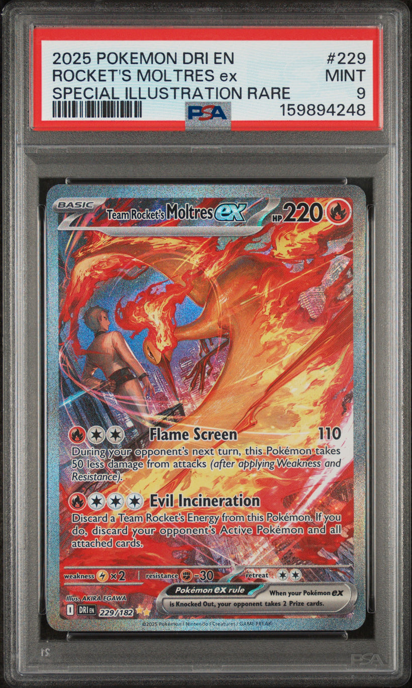 2025 Pokemon Destined Rivals Team Rocket's Moltres ex #229 Special Illustration Rare PSA 9 MINT, front of the slab