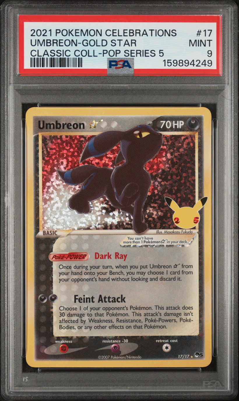 2021 Pokemon Celebrations Umbreon Gold Star #17/17 Classic Collection POP Series 5 PSA 9 MINT, front of the slab