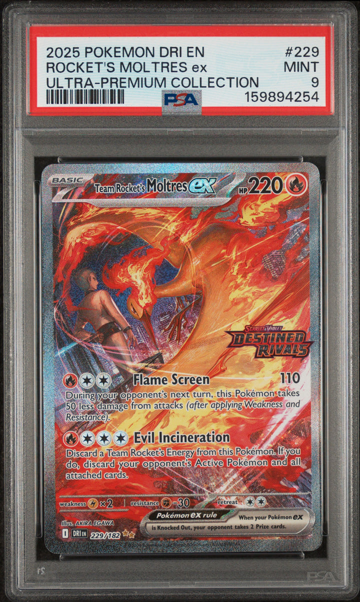 2025 Pokemon Destined Rivals Team Rocket's Moltres ex #229 Ultra-Premium Collection PSA 9 MINT, front of the slab